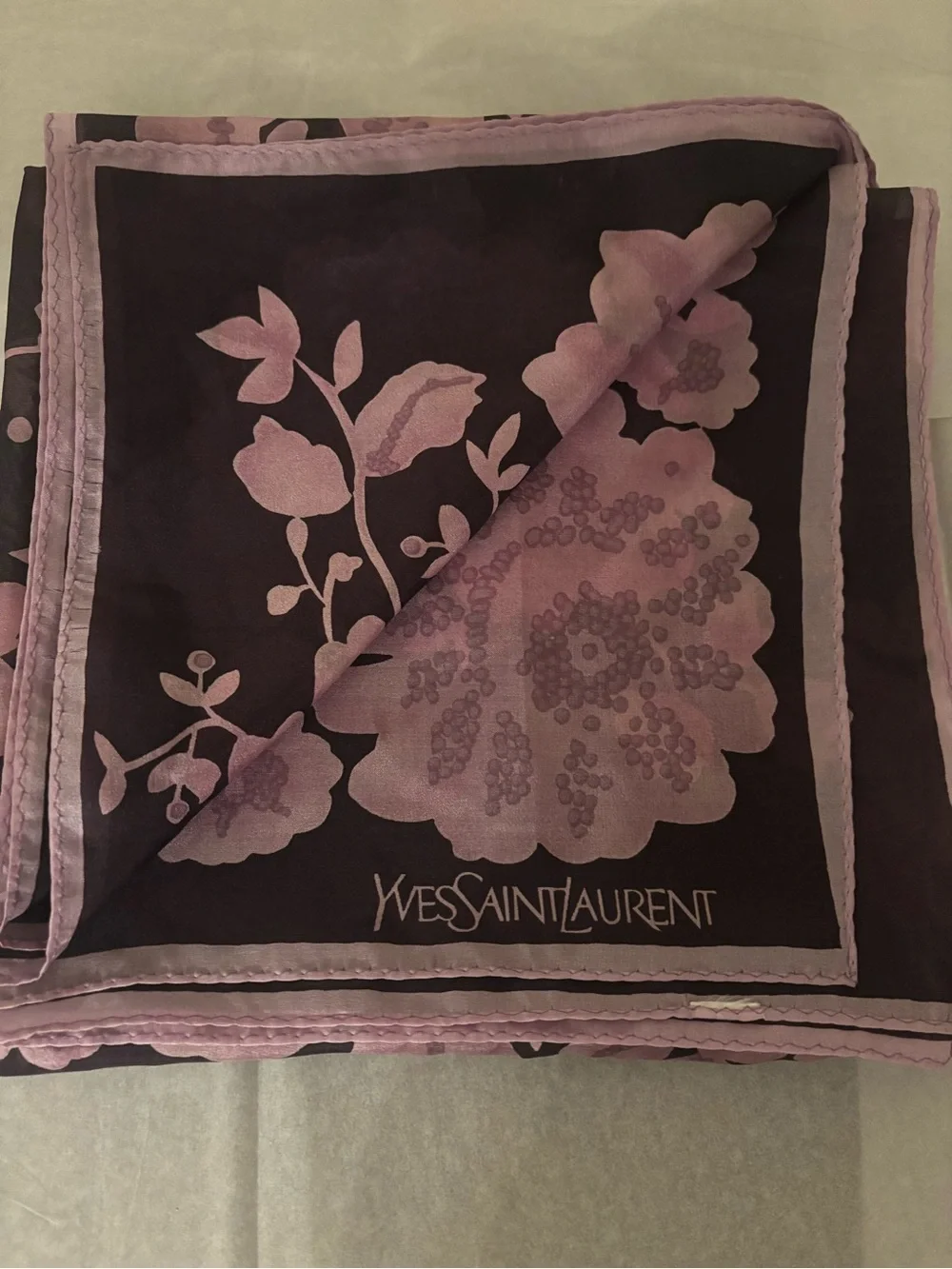 Yves Saint Laurent Floral Silk Scarf in Deep Plum and Lilac